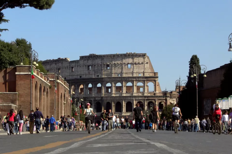 Colosseo in Rome as seen from Via dei Fori Imperiali on a Sunday when traffic is cut off.
